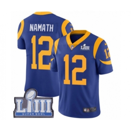 Youth Nike Los Angeles Rams 12 Joe Namath Royal Blue Alternate Vapor Untouchable Limited Player Super Bowl LIII Bound NFL Jersey