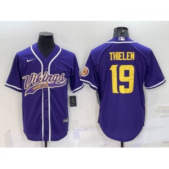 Men's Minnesota Vikings 19 Adam Thielen Purple Yellow With Patch Cool Base Stitched Baseball Jersey