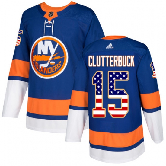 Men's Adidas New York Islanders 15 Cal Clutterbuck Authentic Royal Blue USA Flag Fashion NHL Jersey