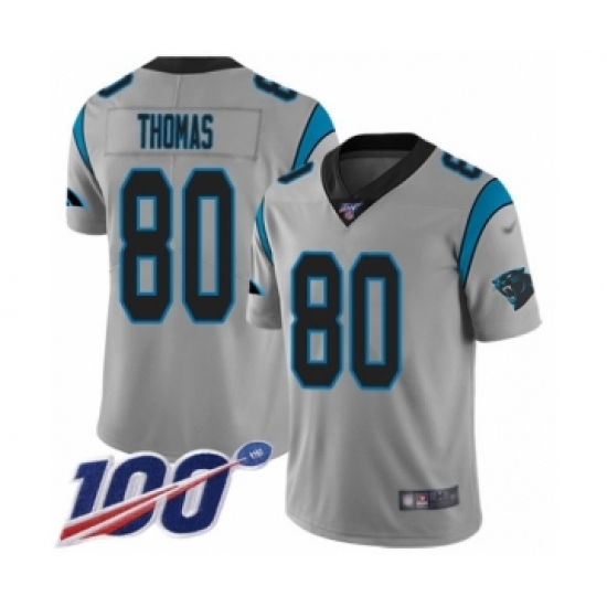 Men's Carolina Panthers 80 Ian Thomas Silver Inverted Legend Limited 100th Season Football Jersey