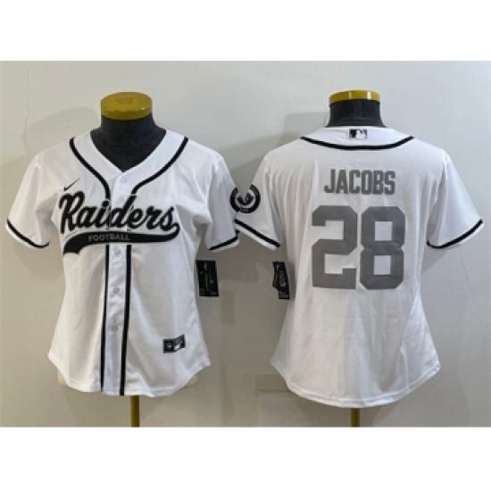 Women's Las Vegas Raiders 28 Josh Jacobs White Silver With Patch Cool Base Stitched Baseball Jersey(Run Small)