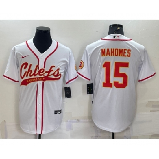Men's Kansas City Chiefs 15 Patrick Mahomes White With Patch Cool Base Stitched Baseball Jersey