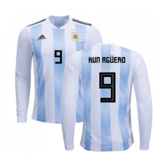 Argentina 9 Kun Aguero Home Long Sleeves Soccer Country Jersey