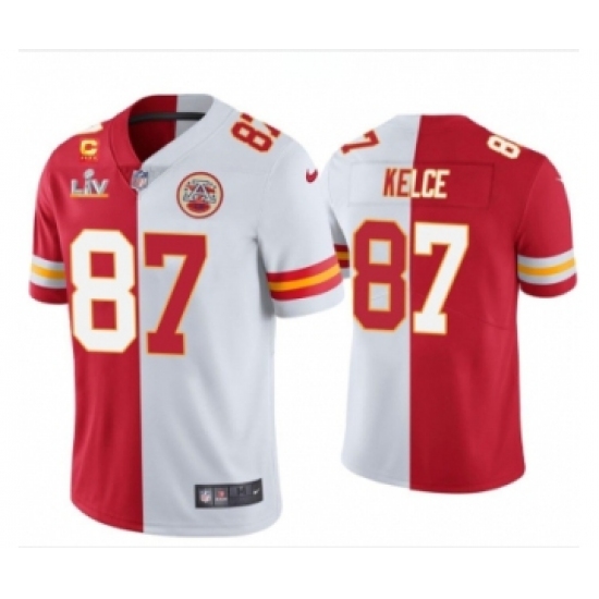 Men's Kansas City Chiefs 87 Travis Kelce Red White Split Vapor Limited 2021 Super Bowl LIV Stitched Jersey