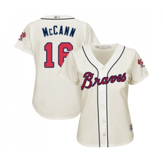 Women's Atlanta Braves 16 Brian McCann Replica Cream Alternate 2 Cool Base Baseball Jersey