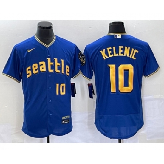 Men's Seattle Mariners 10 Jarred Kelenic Number Blue 2023 City Connect Flex Base Stitched Jersey 1
