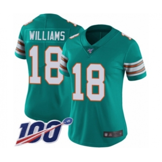 Women's Miami Dolphins 18 Preston Williams Aqua Green Alternate Vapor Untouchable Limited Player 100th Season Football Jersey