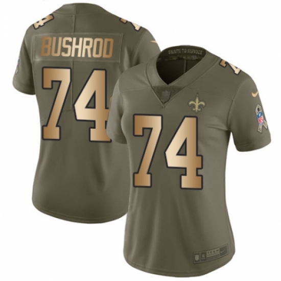 Women's Nike New Orleans Saints 74 Jermon Bushrod Limited Olive/Gold 2017 Salute to Service NFL Jersey