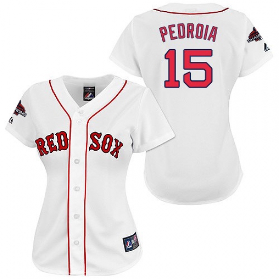 Women's Majestic Boston Red Sox 15 Dustin Pedroia Authentic White 2018 World Series Champions MLB Jersey