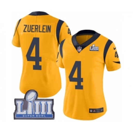 Women's Nike Los Angeles Rams 4 Greg Zuerlein Limited Gold Rush Vapor Untouchable Super Bowl LIII Bound NFL Jersey