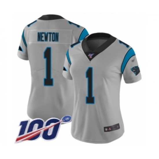 Women's Carolina Panthers 1 Cam Newton Silver Inverted Legend Limited 100th Season Football Jersey