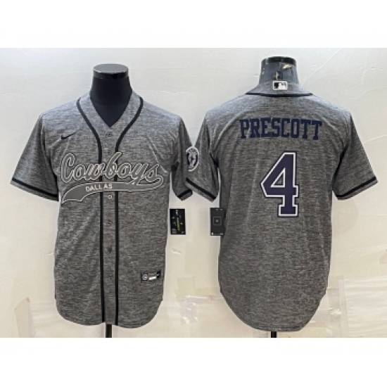 Men's Dallas Cowboys 4 Dak Prescott Grey Gridiron With Patch Cool Base Stitched Baseball Jersey