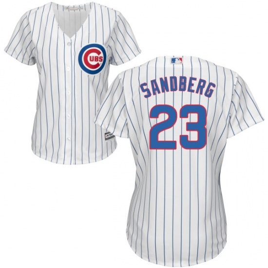 Women's Majestic Chicago Cubs 23 Ryne Sandberg Authentic White/Blue Strip Fashion MLB Jersey