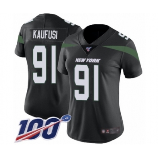 Women's New York Jets 91 Bronson Kaufusi Black Alternate Vapor Untouchable Limited Player 100th Season Football Jersey