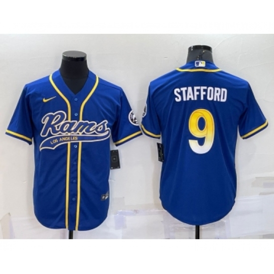 Men's Los Angeles Rams 9 Matthew Stafford Royal With Patch Cool Base Stitched Baseball Jersey
