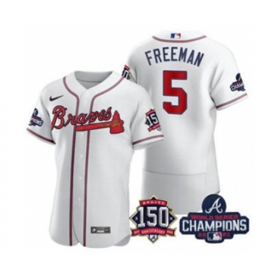 Men's Atlanta Braves 5 Freddie Freeman 2021 White World Series Champions With 150th Anniversary Flex Base Stitched Jersey