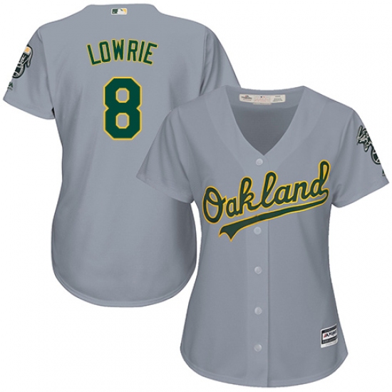 Women's Majestic Oakland Athletics 8 Jed Lowrie Authentic Grey Road Cool Base MLB Jersey