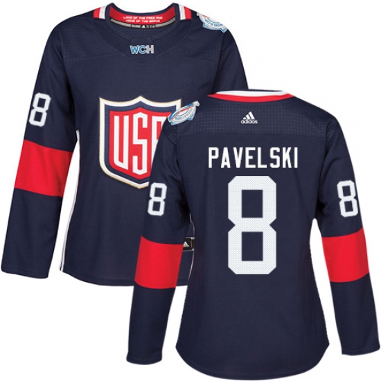 Women's Adidas Team USA 8 Joe Pavelski Authentic Navy Blue Away 2016 World Cup Hockey Jersey