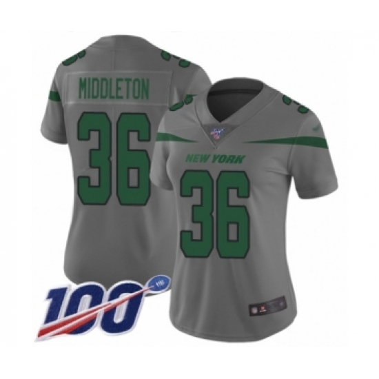 Women's New York Jets 36 Doug Middleton Limited Gray Inverted Legend 100th Season Football Jersey