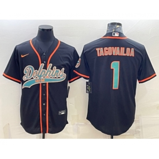 Men's Miami Dolphins 1 Tua Tagovailoa Black With Patch Cool Base Stitched Baseball Jersey
