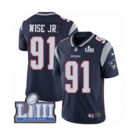 Men's Nike New England Patriots 91 Deatrich Wise Jr Navy Blue Team Color Vapor Untouchable Limited Player Super Bowl LIII Bound NFL Jersey