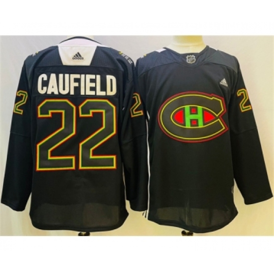 Men's Montreal Canadiens 22 Cole Caufield 2022 Black Warm Up History Night Stitched Jersey
