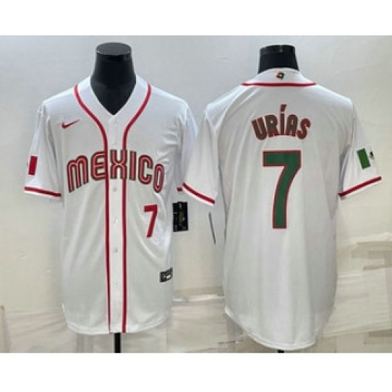 Men's Mexico Baseball 7 Julio Urias Number 2023 White Blue World Baseball Classic Stitched Jersey1