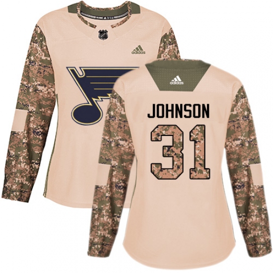 Women's Adidas St. Louis Blues 31 Chad Johnson Authentic Camo Veterans Day Practice NHL Jersey