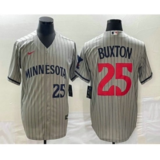 Men's Minnesota Twins 25 Byron Buxton Number 2023 Grey Home Team Cool Base Stitched Jersey