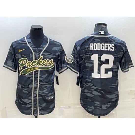 Men's Green Bay Packers 12 Aaron Rodgers Grey Camo With Patch Cool Base Stitched Baseball Jersey