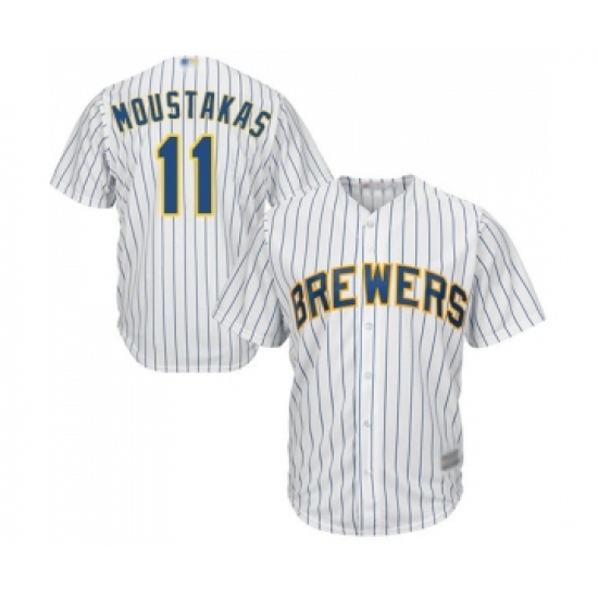 Men's Milwaukee Brewers 11 Mike Moustakas Replica White Home Cool Base Baseball Jersey