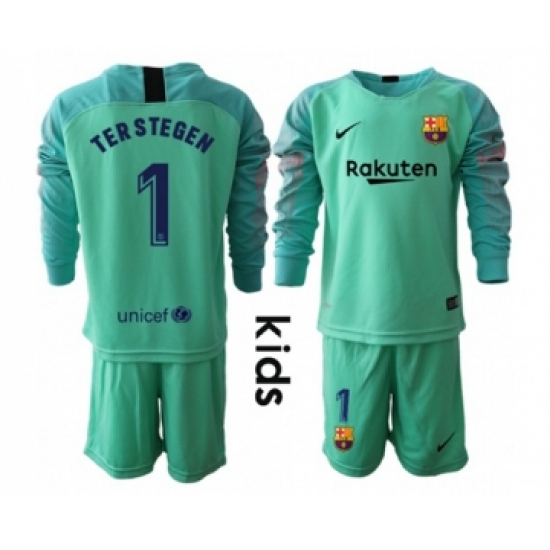 Barcelona 1 Ter Stegen Green Goalkeeper Long Sleeves Kid Soccer Club Jersey