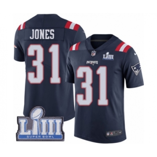 Men's Nike New England Patriots 31 Jonathan Jones Limited Navy Blue Rush Vapor Untouchable Super Bowl LIII Bound NFL Jersey