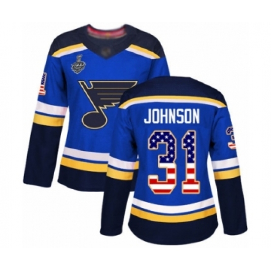 Women's St. Louis Blues 31 Chad Johnson Authentic Blue USA Flag Fashion 2019 Stanley Cup Final Bound Hockey Jersey