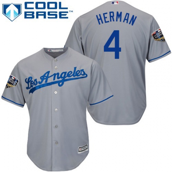 Men's Majestic Los Angeles Dodgers 4 Babe Herman Replica Grey Road Cool Base 2018 World Series MLB Jersey