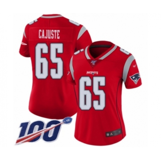 Women's New England Patriots 65 Yodny Cajuste Limited Red Inverted Legend 100th Season Football Jersey