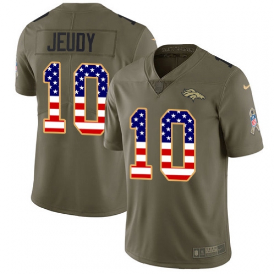 Men's Denver Broncos 10 Jerry Jeudy Olive USA Flag Stitched Limited 2017 Salute To Service Jersey