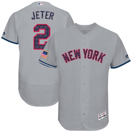 Men's Majestic New York Yankees 2 Derek Jeter Grey Stars & Stripes Authentic Collection Flex Base MLB Jersey