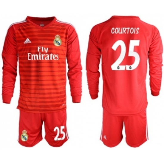 Real Madrid 25 Courtois Red Goalkeeper Long Sleeves Soccer Club Jersey