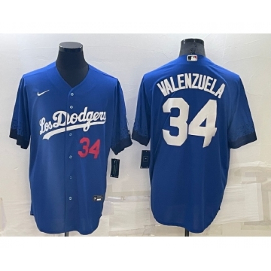 Men's Los Angeles Dodgers 34 Fernando Valenzuela Number Blue 2021 City Connect Cool Base Stitched Jersey