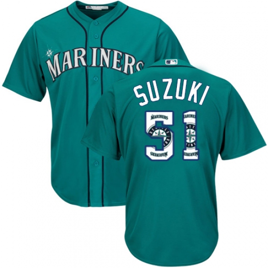 Men's Majestic Seattle Mariners 51 Ichiro Suzuki Authentic Teal Green Team Logo Fashion Cool Base MLB Jersey