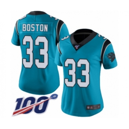 Women's Carolina Panthers 33 Tre Boston Limited Blue Rush Vapor Untouchable 100th Season Football Jersey