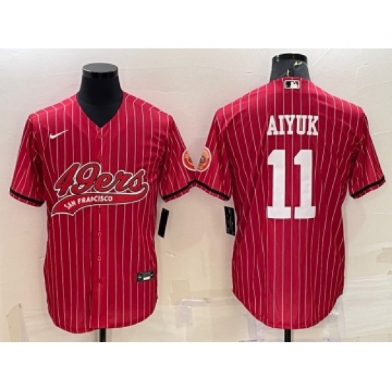 Men's San Francisco 49ers 11 Brandon Aiyuk Red Pinstripe With Patch Cool Base Stitched Baseball Jersey