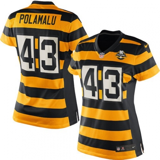 Women's Nike Pittsburgh Steelers 43 Troy Polamalu Elite Yellow/Black Alternate 80TH Anniversary Throwback NFL Jersey