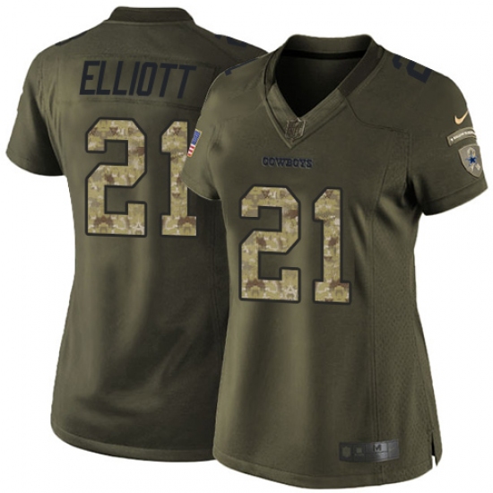 Women's Nike Dallas Cowboys 21 Ezekiel Elliott Elite Green Salute to Service NFL Jersey