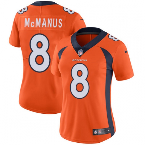 Women's Nike Denver Broncos 8 Brandon McManus Orange Team Color Vapor Untouchable Limited Player NFL Jersey