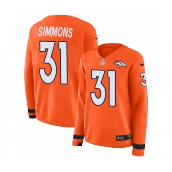 Women's Nike Denver Broncos 31 Justin Simmons Limited Orange Therma Long Sleeve NFL Jersey
