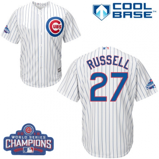 Youth Majestic Chicago Cubs 27 Addison Russell Authentic White Home 2016 World Series Champions Cool Base MLB Jersey