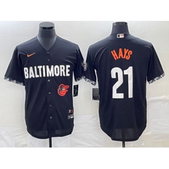 Men's Baltimore Orioles 21 Austin Hays Black 2023 City Connect Cool Base Stitched Jersey 1