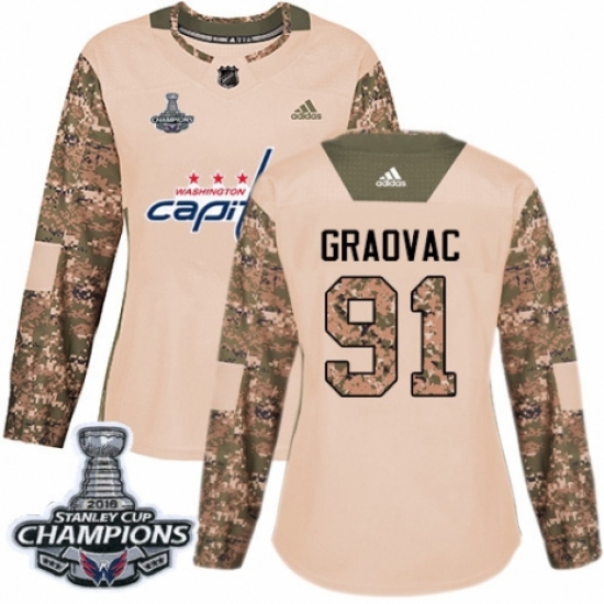 Women's Adidas Washington Capitals 91 Tyler Graovac Authentic Camo Veterans Day Practice 2018 Stanley Cup Final Champions NHL Jersey